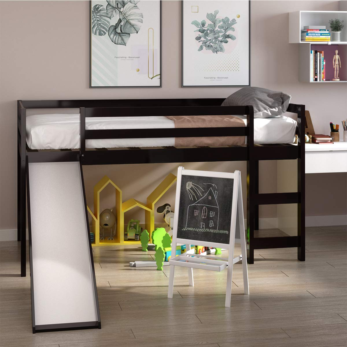 KOMFOTT Twin Loft Bed with Slide, Wood Low Loft Bed with Ladder & Guard Rail