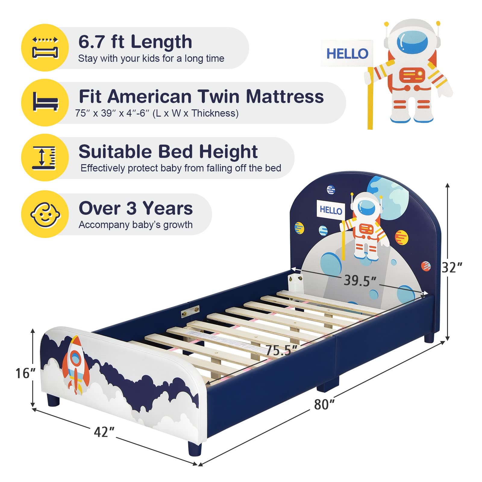 KOMFOTT Kids Bed, Toddler Upholstered Platform Floor Bed w/Headboard & Wooden Slat Base