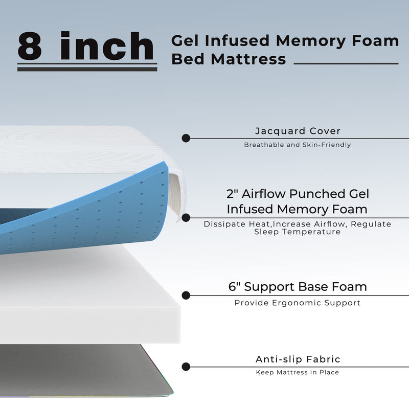 KOMFOTT Bed with 8-Inch Mattress, Solid Wood Platform Bed Frame with Gel Infused Memory Foam Mattress