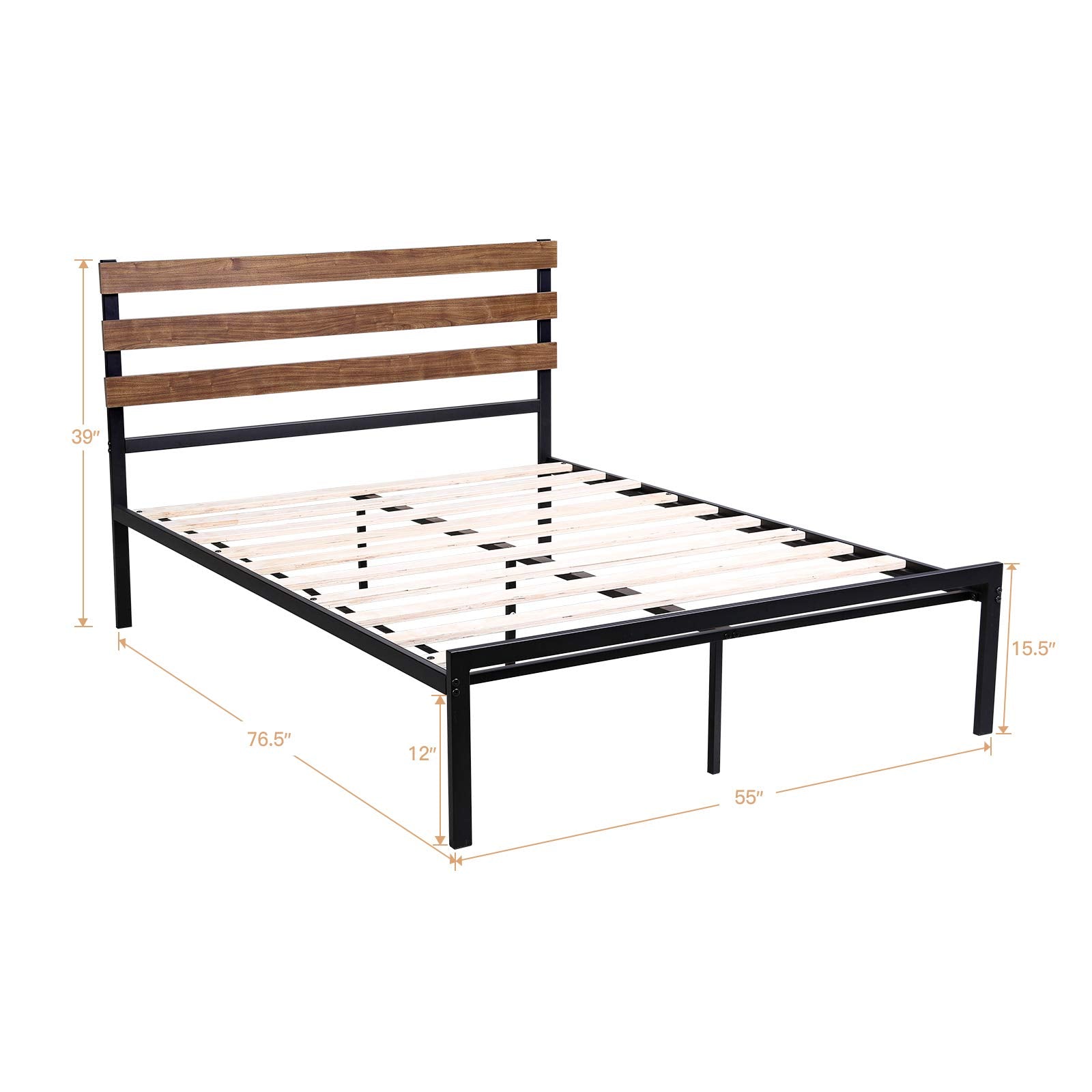 KOMFOTT Metal Bed Frame with Wood Headboard and Slats (QueenSize)