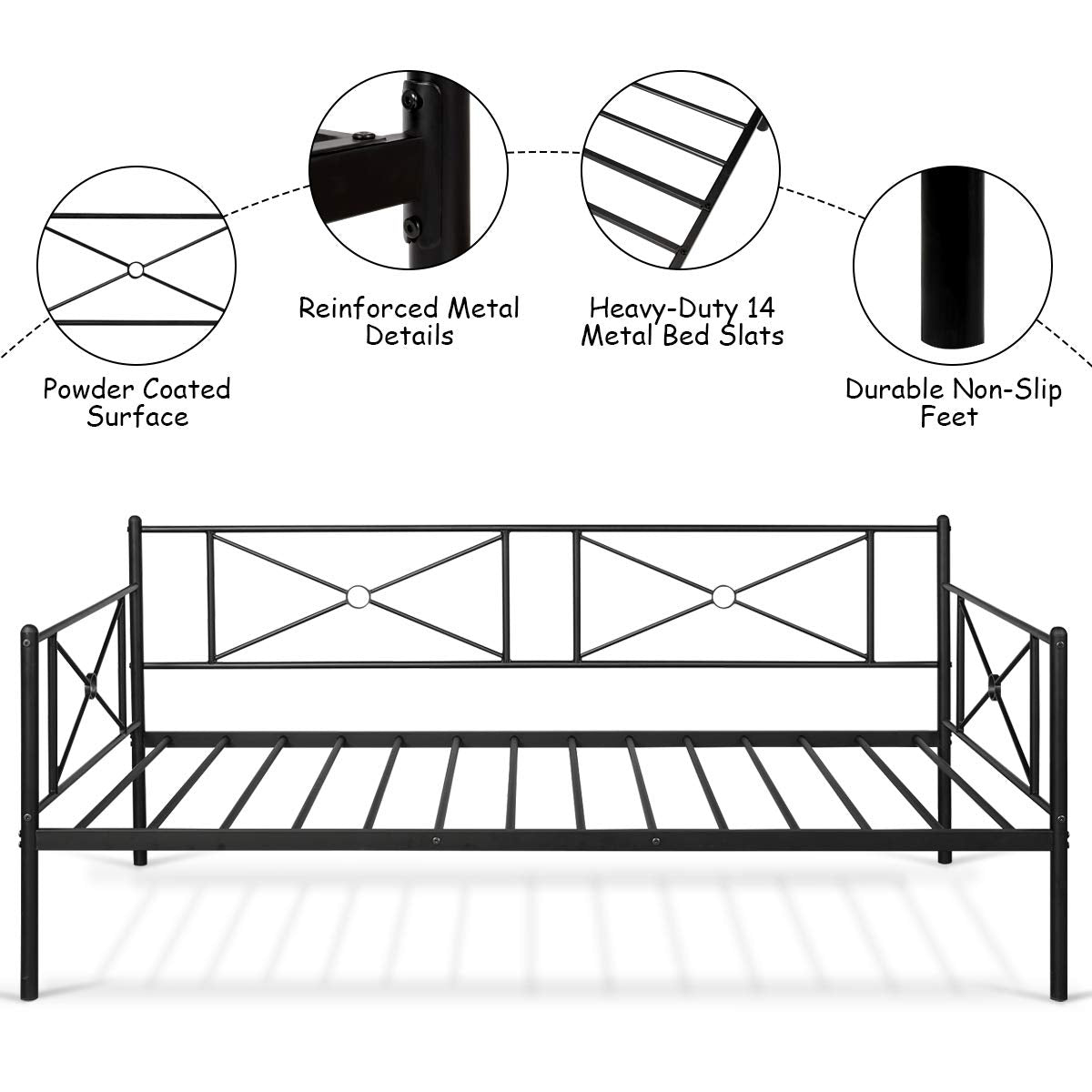 KOMFOTT Metal Daybed Twin Bed Frame w/ Headboard, Stable Steel Slats Support