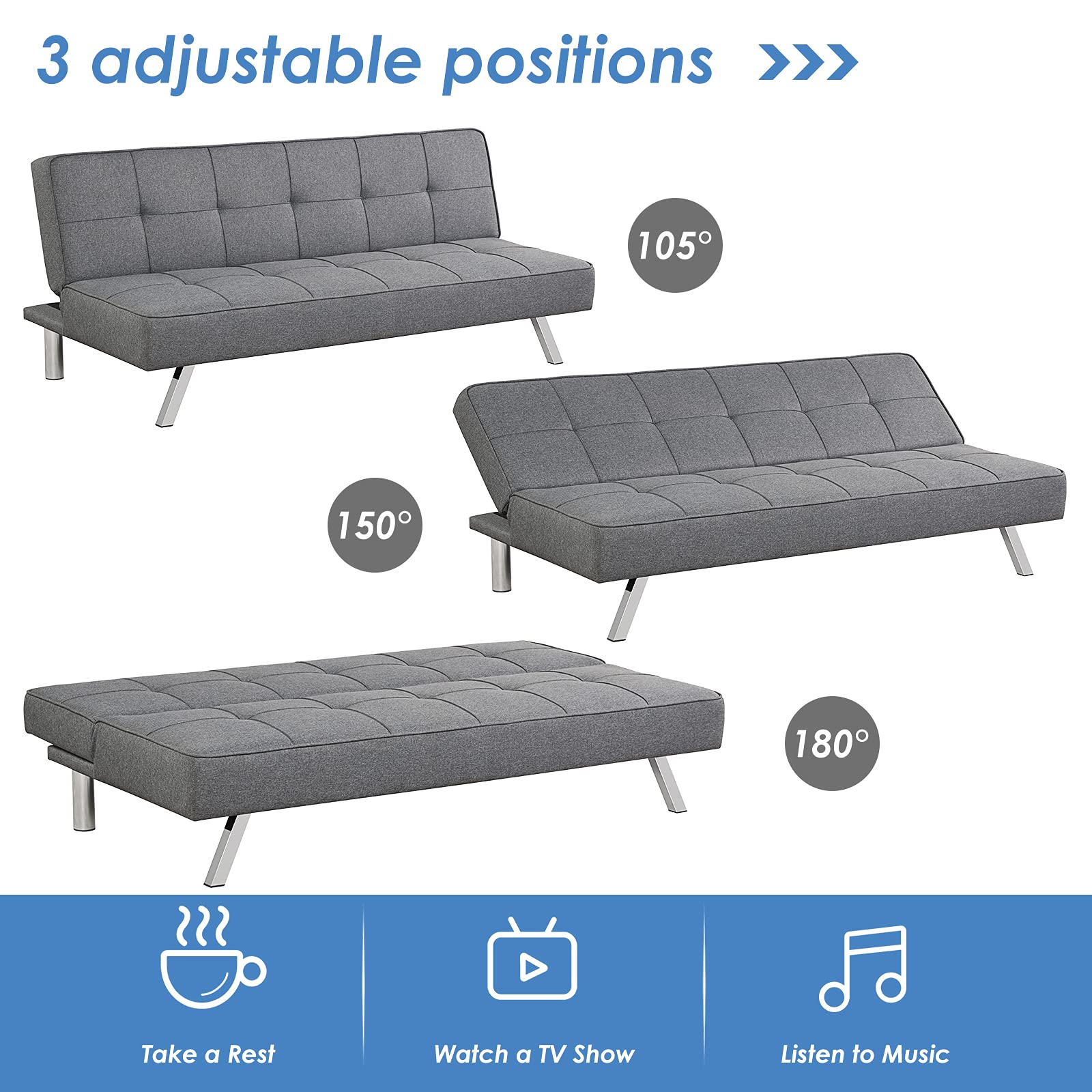 KOMFOTT 3 Seater Convertible Sofa Bed with 3 Adjustable Angles