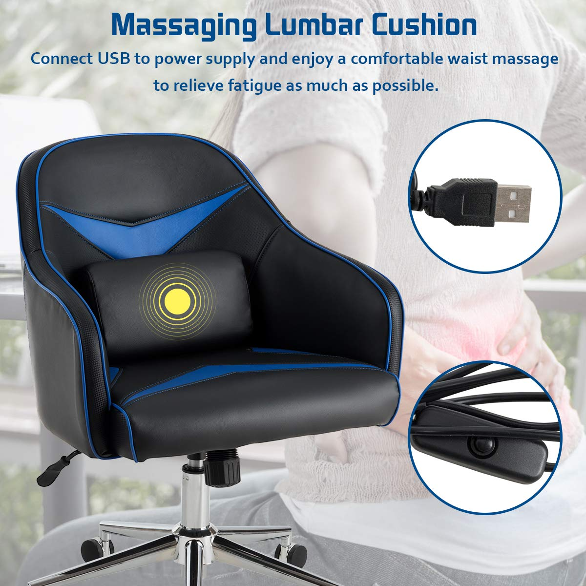 Komfott PU Leather Gaming Chair, Adjustable Height Mid-Back Armchair w/Massage Lumbar Pillow