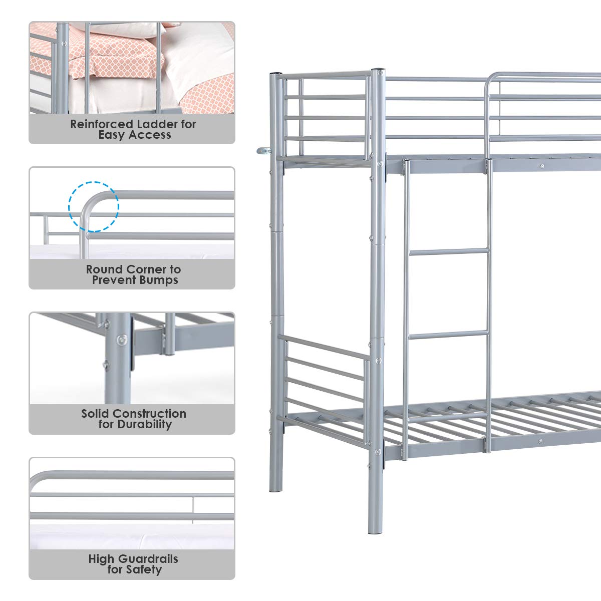 KOMFOTT Metal Bunk Bed Twin Over Twin, Removable Ladder and Safety Guard Rails, for Kids Adult Children