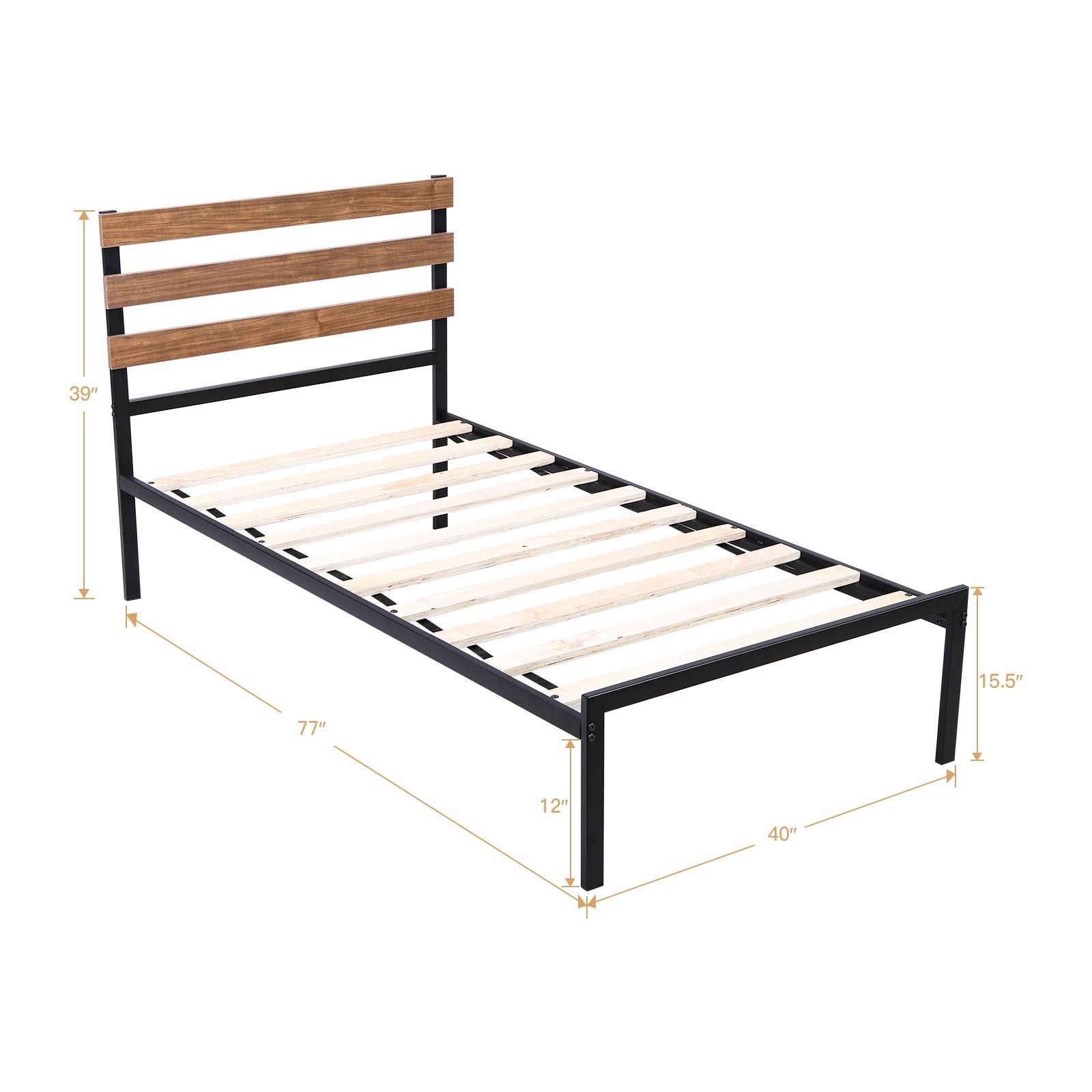 KOMFOTT Metal Bed Frame with Wood Headboard and Slats (Full Size)