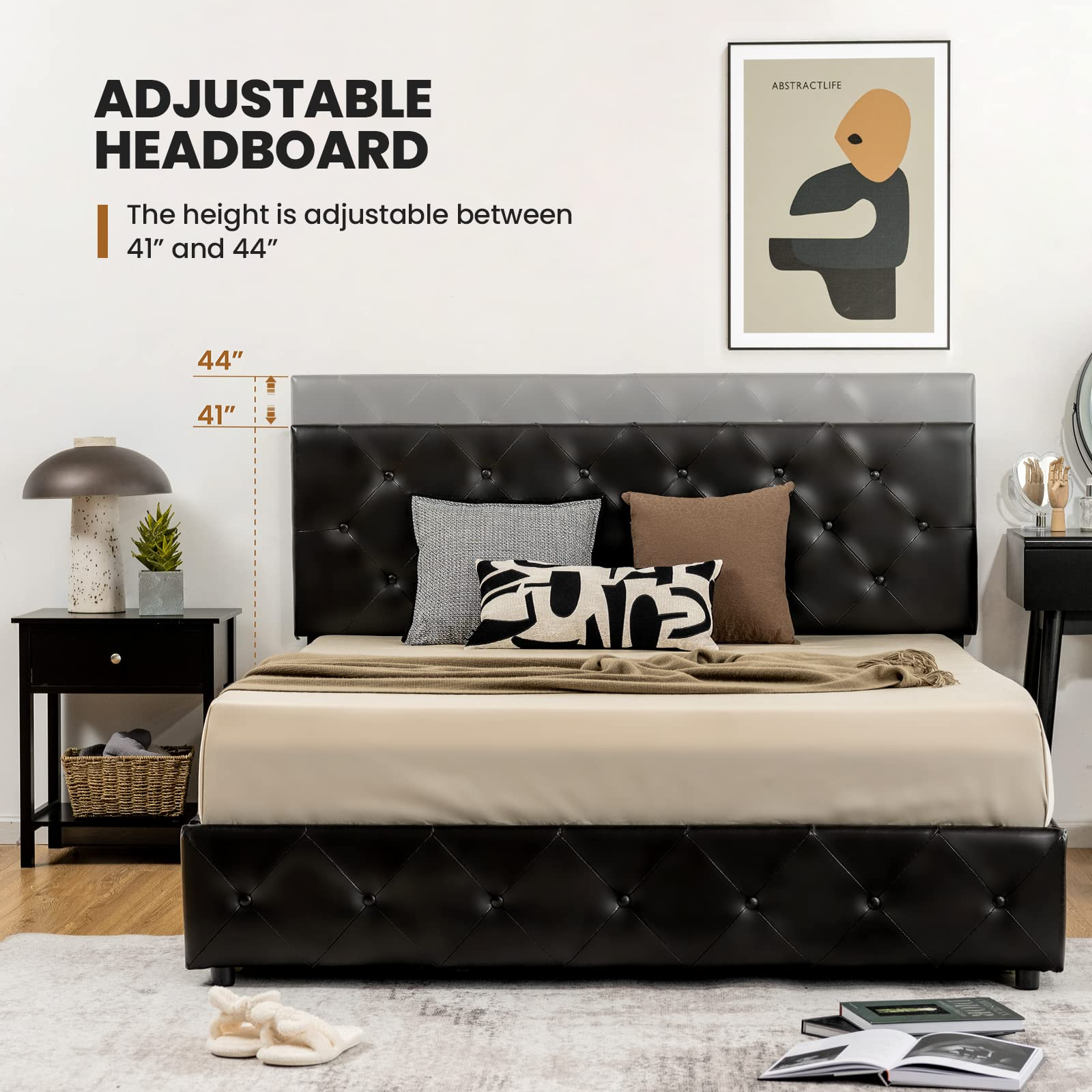 KOMFOTT Upholstered PU Leather Platform Bed Frame with 4 Storage Drawers