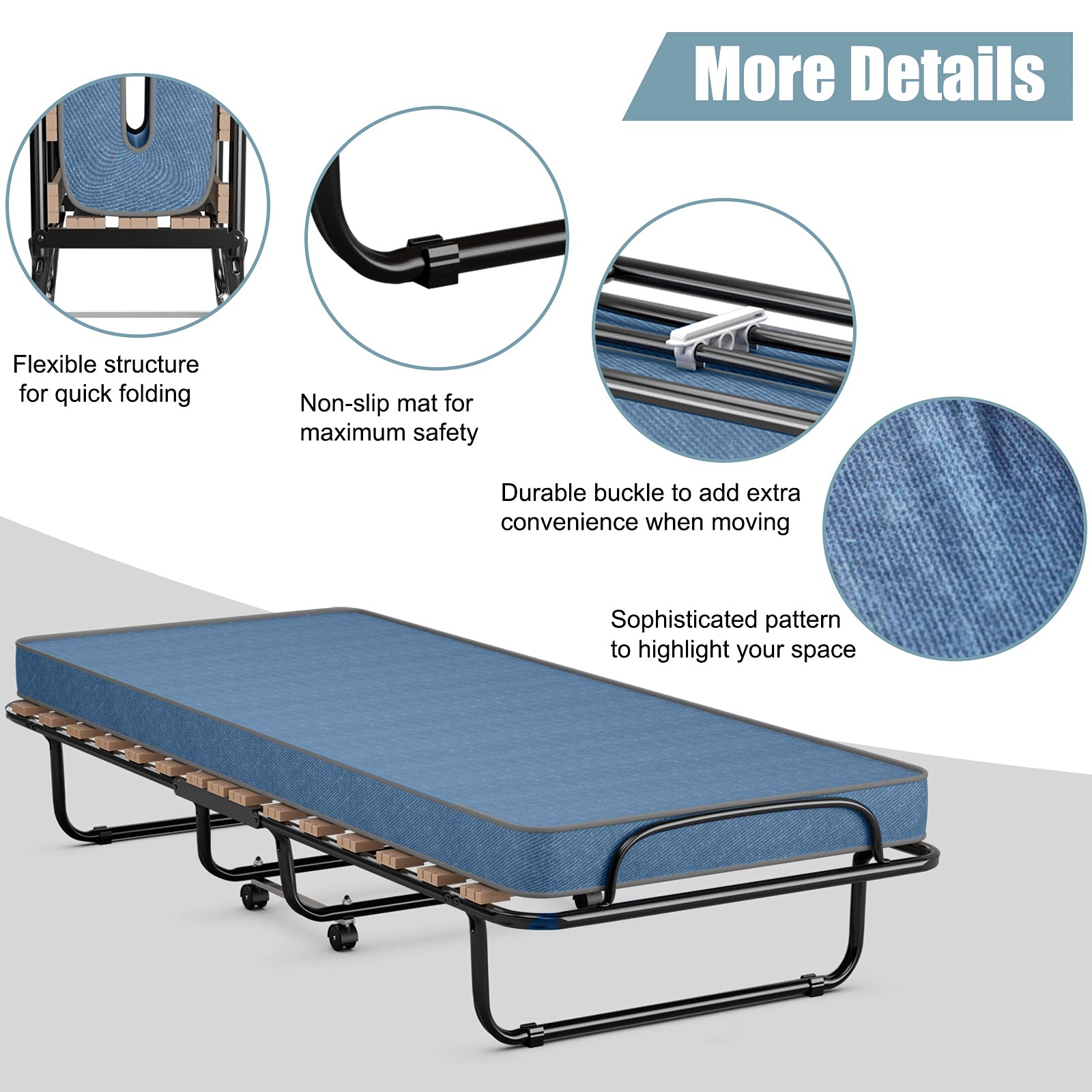 KOMFOTT Guest Bed Frame Rollaway with Mattress for Adults