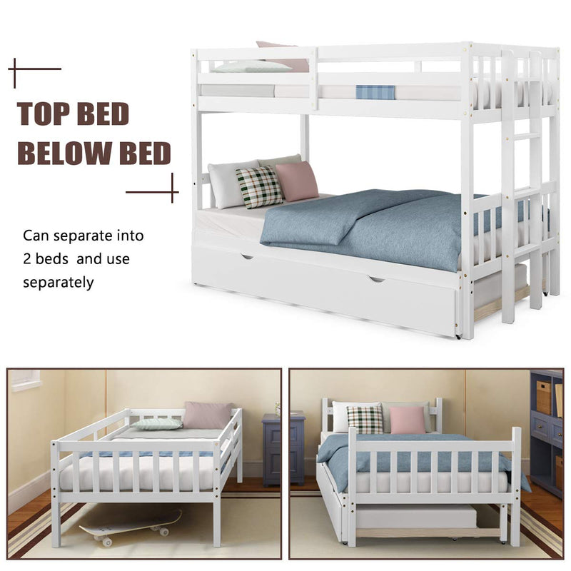 KOMFOTT Twin Over Pull-Out Bunk Bed with Trundle,  Solid Wood Bunk Bed with Ladder and Safety Rail