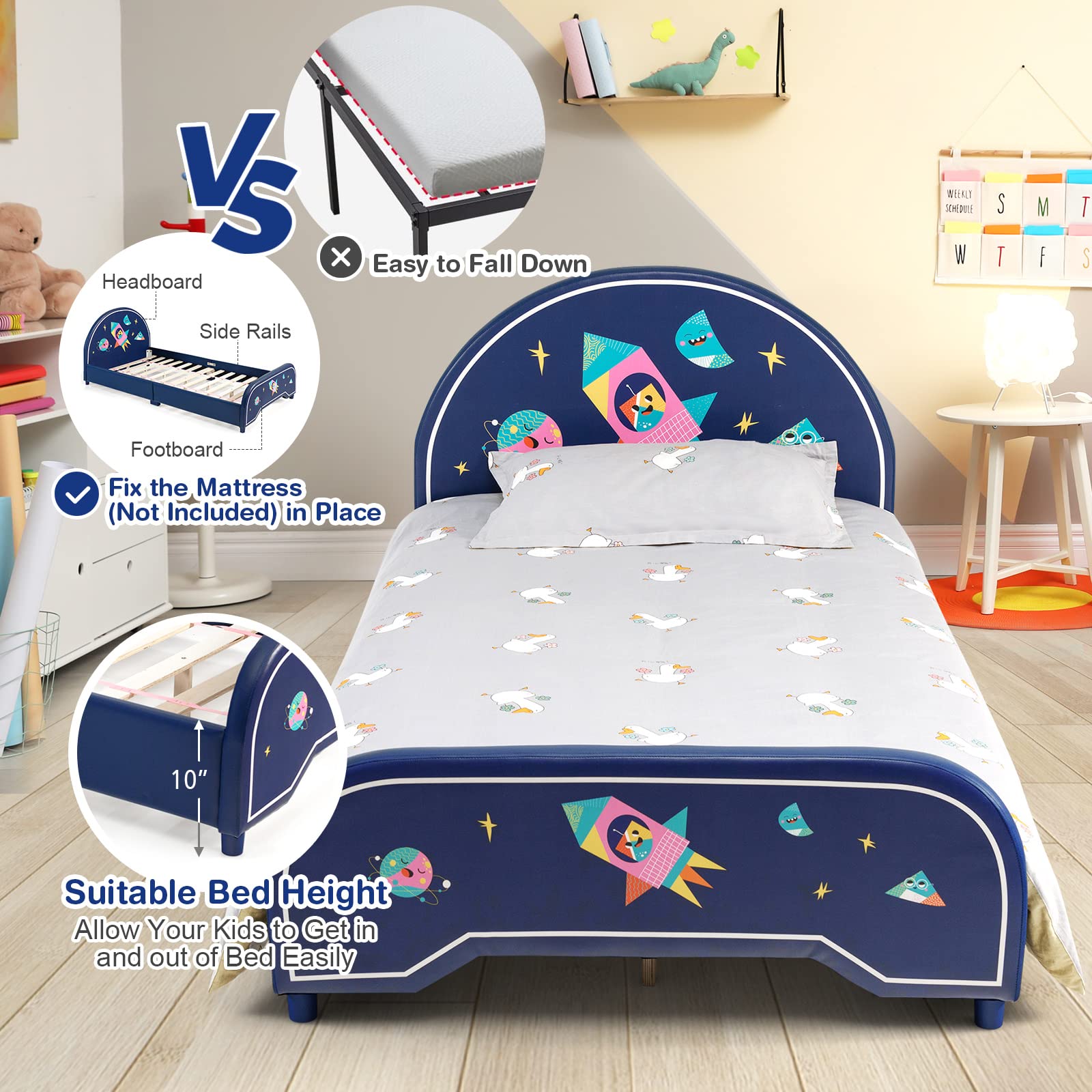 KOMFOTT Twin Bed Frames for Kids, Wood Upholstered Twin Bed Platform with Slat Support, Padded Headboard & Footboard