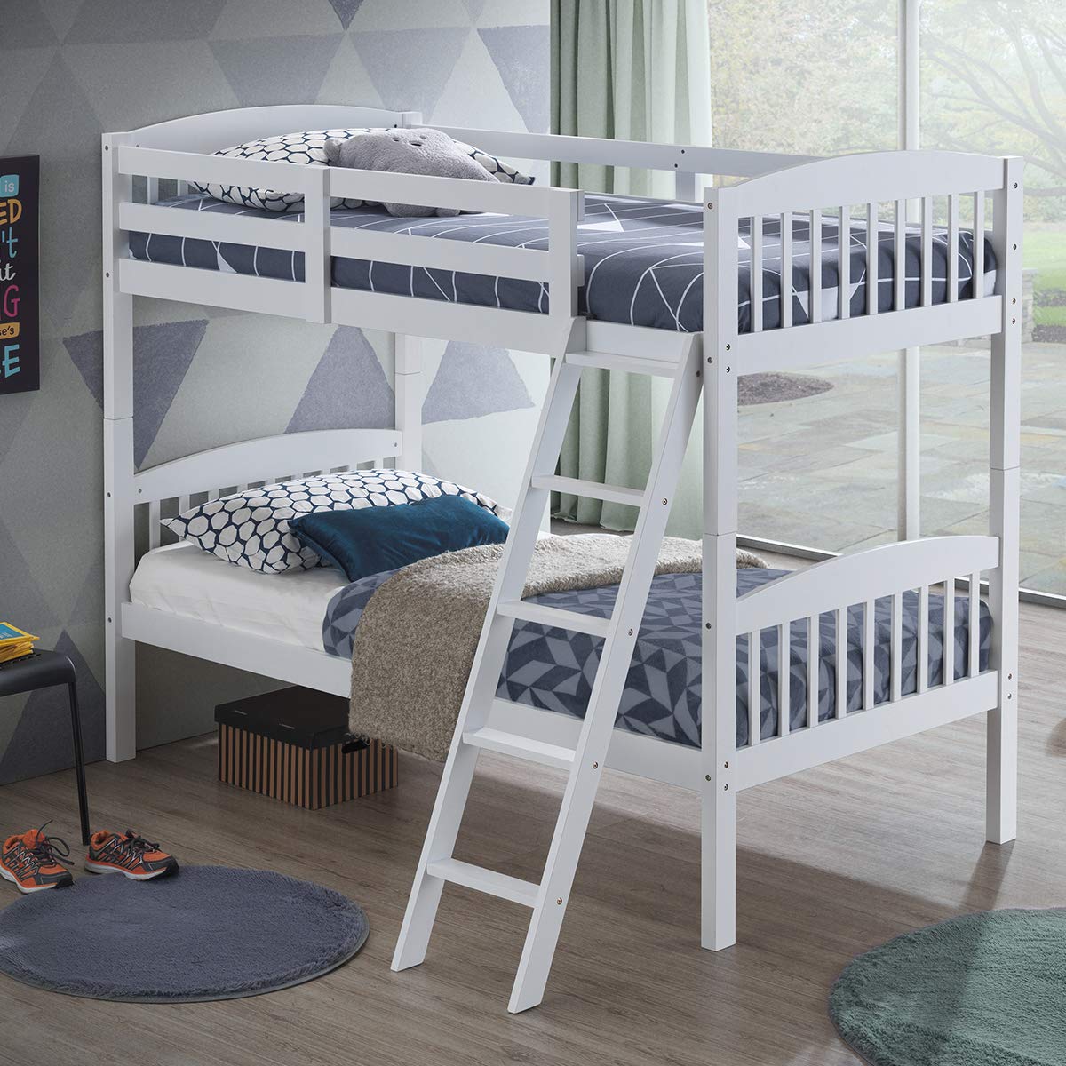 KOMFOTT Space-Saving Bunk Bed Convertible Into 2 Individual Beds, Solid Wood Bunk Bed Frame with Ladder & Safety Guardrails