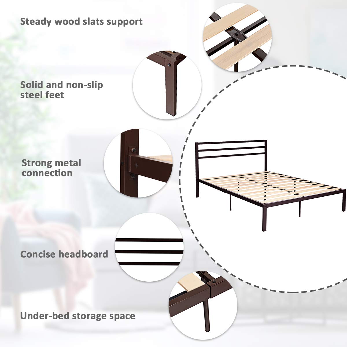 KOMFOTT 14 Inch Metal Frame Full Size Modern Studio Platform 1500H Wooden Slat Support