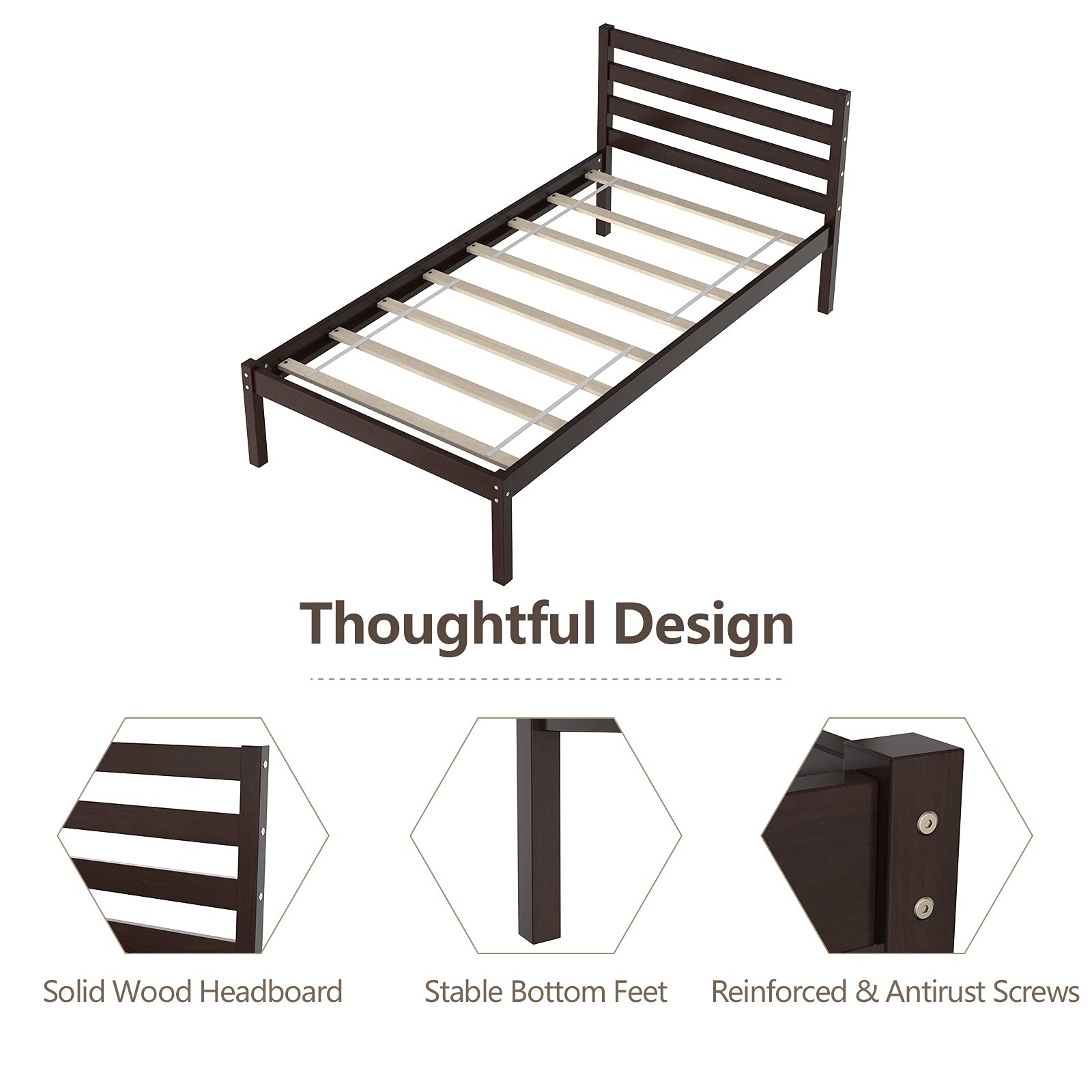 KOMFOTT Wood Platform Bed Frame, Paneled Headboard, Wood Slat Support