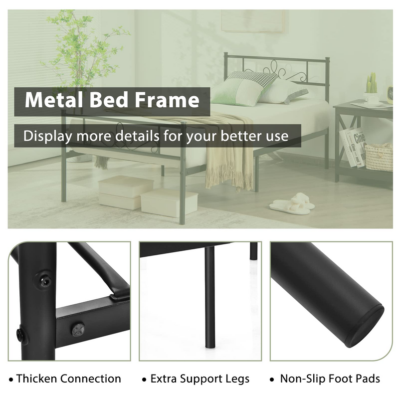 KOMFOTT Metal Bed Frame, Modern Platform Bed w/ Decorative Headboard & Footboard