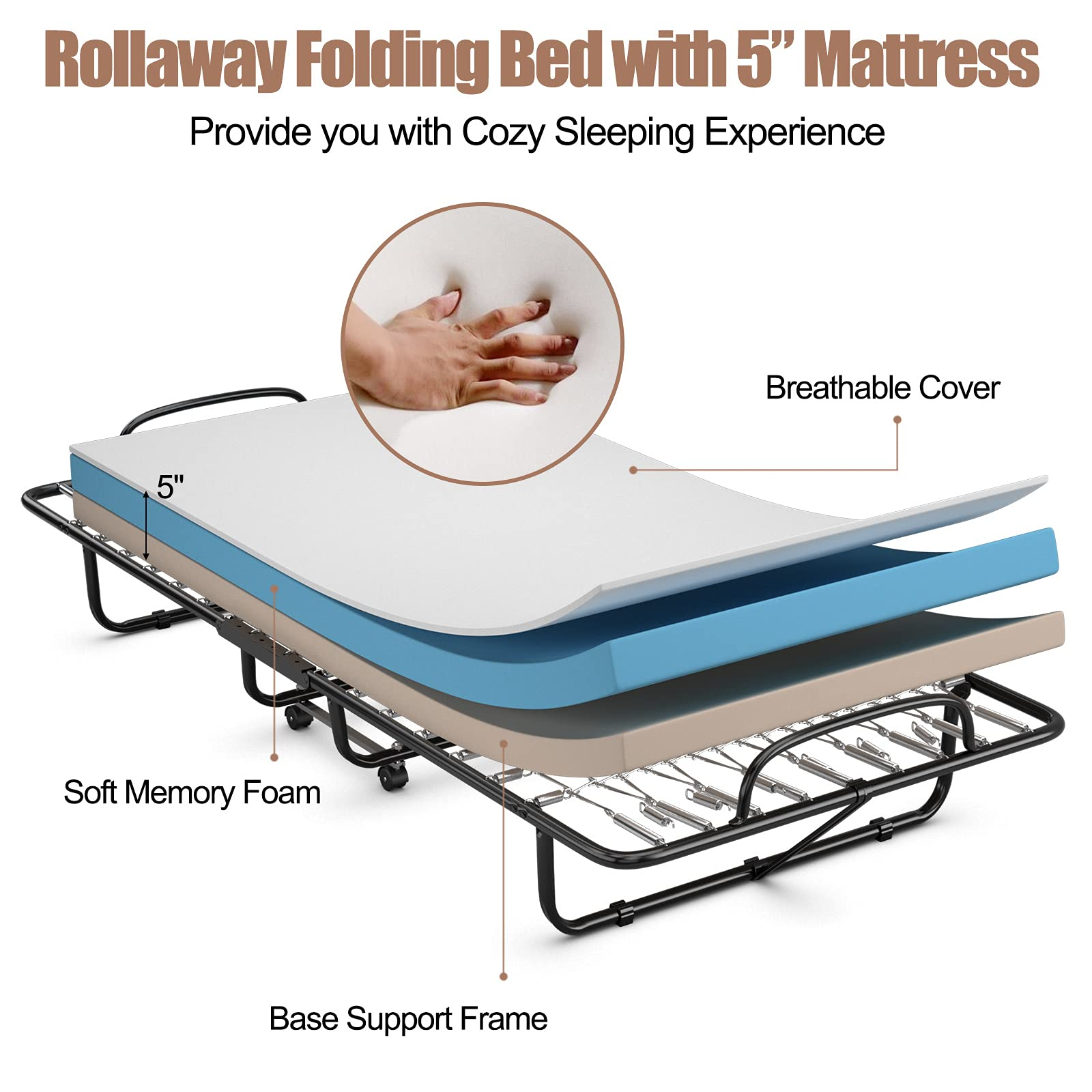 KOMFOTT Folding Guest Bed with Mattress,  Twin Size  Portable Rollaway Bed 5-Inch Memory Foam Mattress