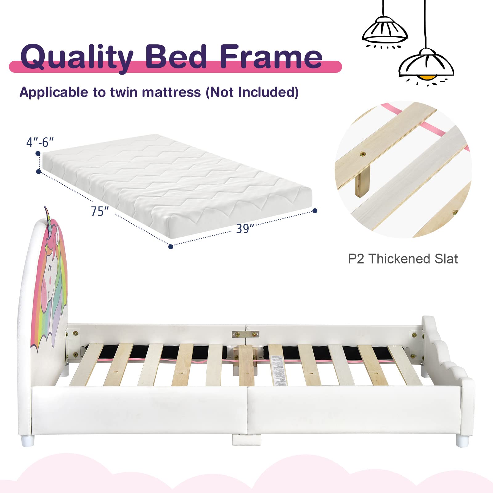 KOMFOTT Kids Bed, Toddler Upholstered Platform Floor Bed w/Headboard & Wooden Slat Base