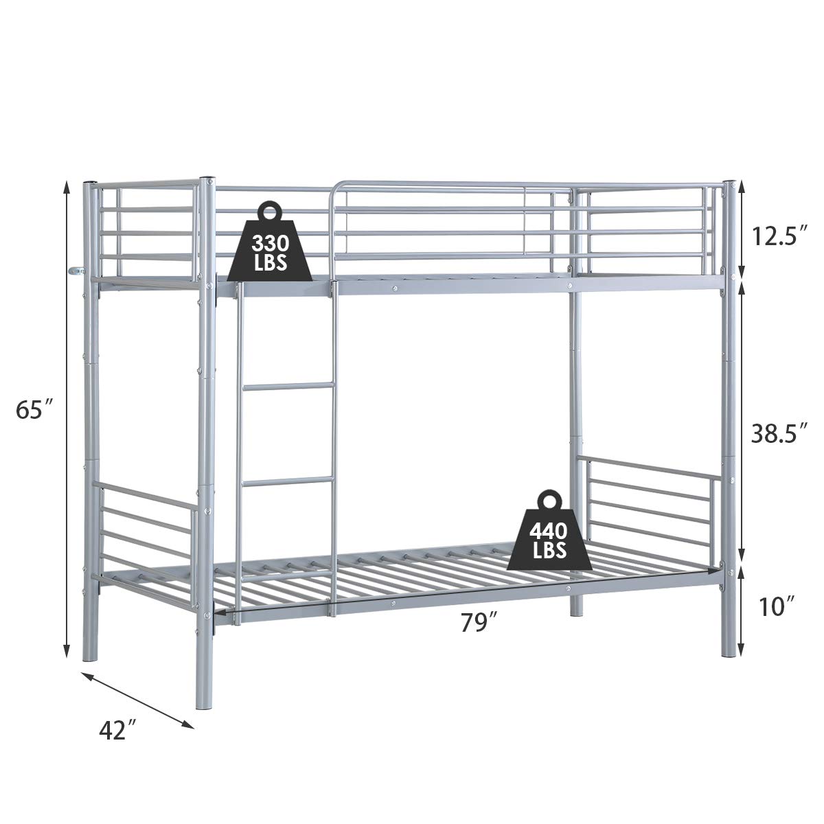 KOMFOTT Metal Bunk Bed Twin Over Twin, Removable Ladder and Safety Guard Rails, for Kids Adult Children