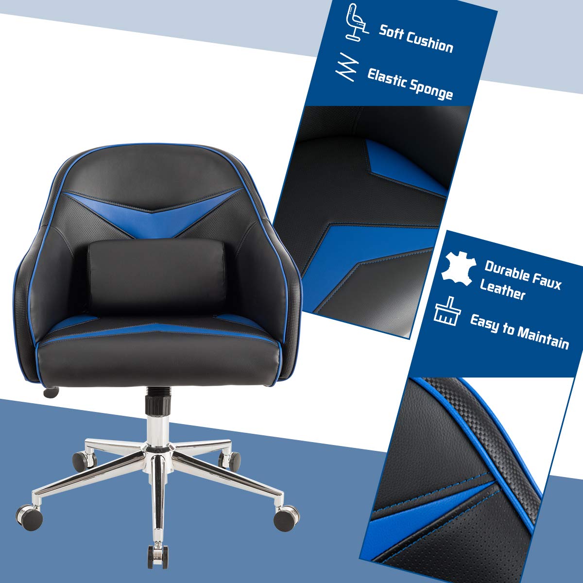 Komfott PU Leather Gaming Chair, Adjustable Height Mid-Back Armchair w/Massage Lumbar Pillow