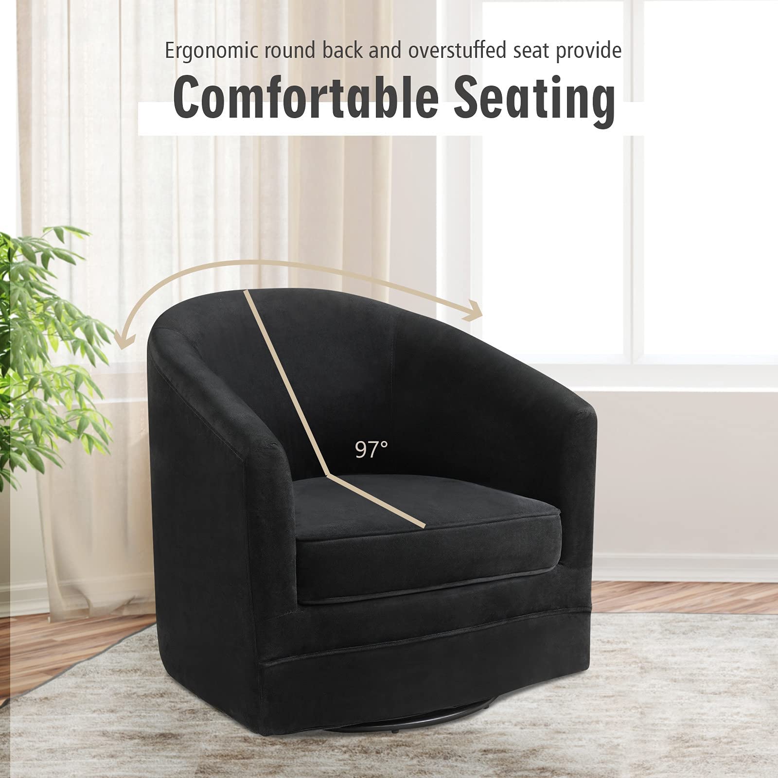 KOMFOTT Velvet Round Barrel Chair with 360-Degree Swivel Metal Base, Black