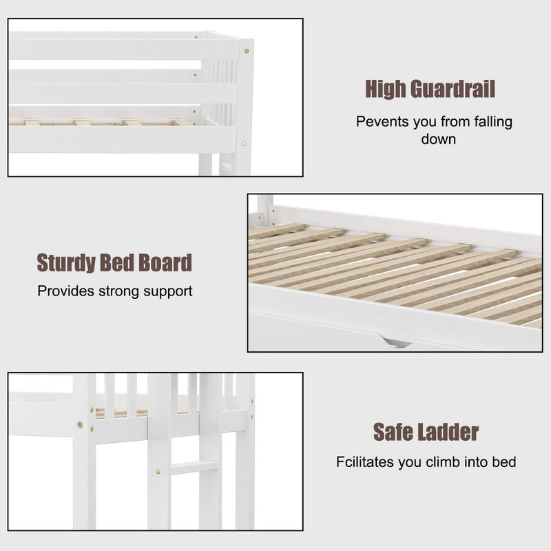 KOMFOTT Twin Over Pull-Out Bunk Bed with Trundle,  Solid Wood Bunk Bed with Ladder and Safety Rail