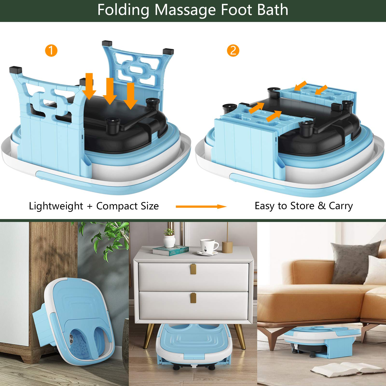 KOMFOTT Collapsible Foot Spa Bath Massager with Heat, Bubbles, 6 Motorized Shiatsu Rollers, Time & Temperature Settings, Folding Cover