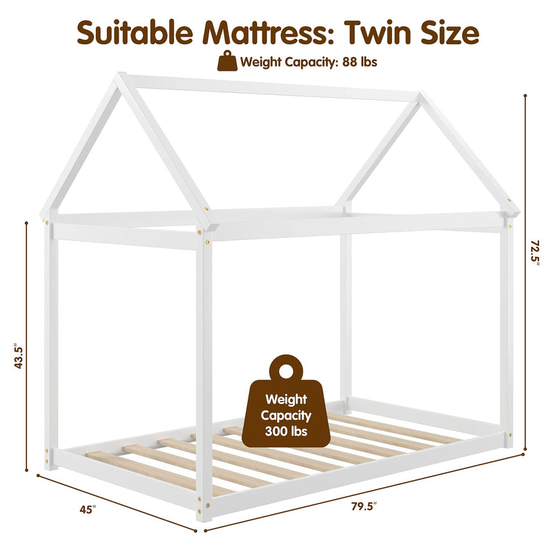 KOMFOTT Twin House Bed Frame for Kids, Solid Wood Kids Platform Floor Bed with Roof & Multiple Slats
