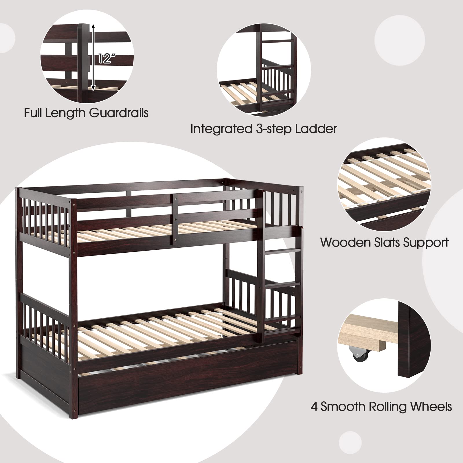 KOMFOTT Twin Over Twin Wood Bunk Bed with Trundle, Convertible Platform Bed Frame with Ladder & Solid Wood Frame