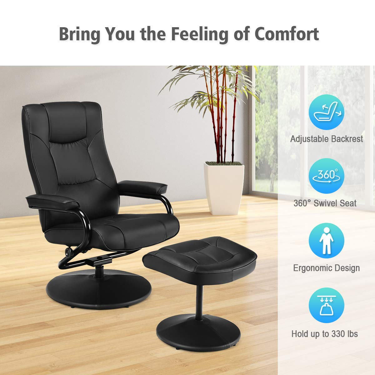 KOMFOTT Recliner Chair w/Ottoman, 360 Degree Swivel PU Leather Armchair w/Footrest