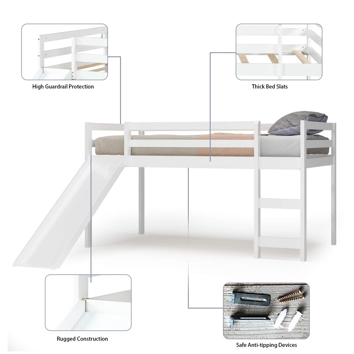 KOMFOTT Twin Size Wood Low Loft Bed with Slide, Ladder & Guard Rail