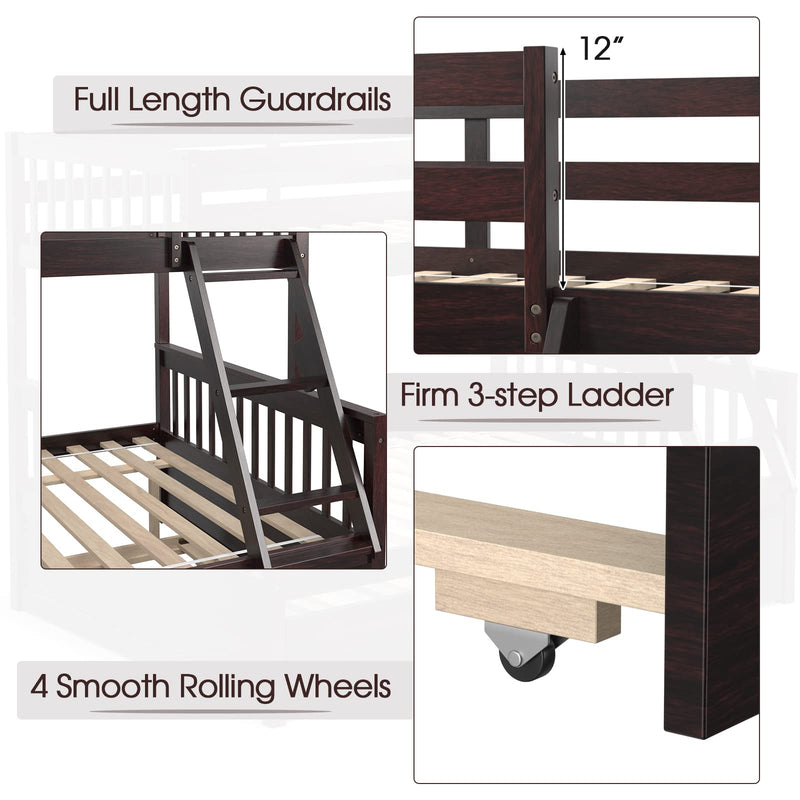 KOMFOTT Wood Twin Over Full Bunk Bed Frame with Solid Pine Wood Frame