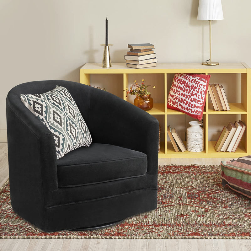 KOMFOTT Velvet Round Barrel Chair with 360-Degree Swivel Metal Base, Black