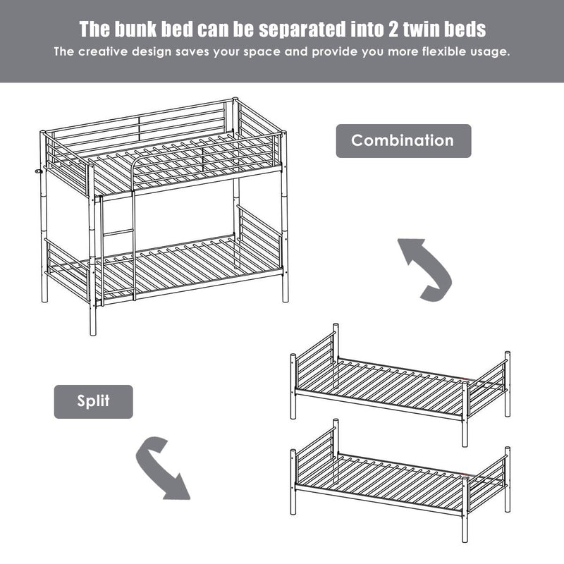 KOMFOTT Metal Bunk Bed Twin Over Twin, Removable Ladder and Safety Guard Rails, for Kids Adult Children