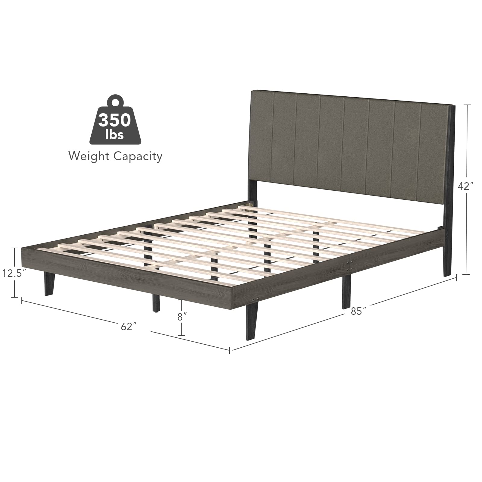 KOMFOTT Upholstered Bed Frame, Wooden Slats Support Queen Mattress Foundation with Tufted Headboard