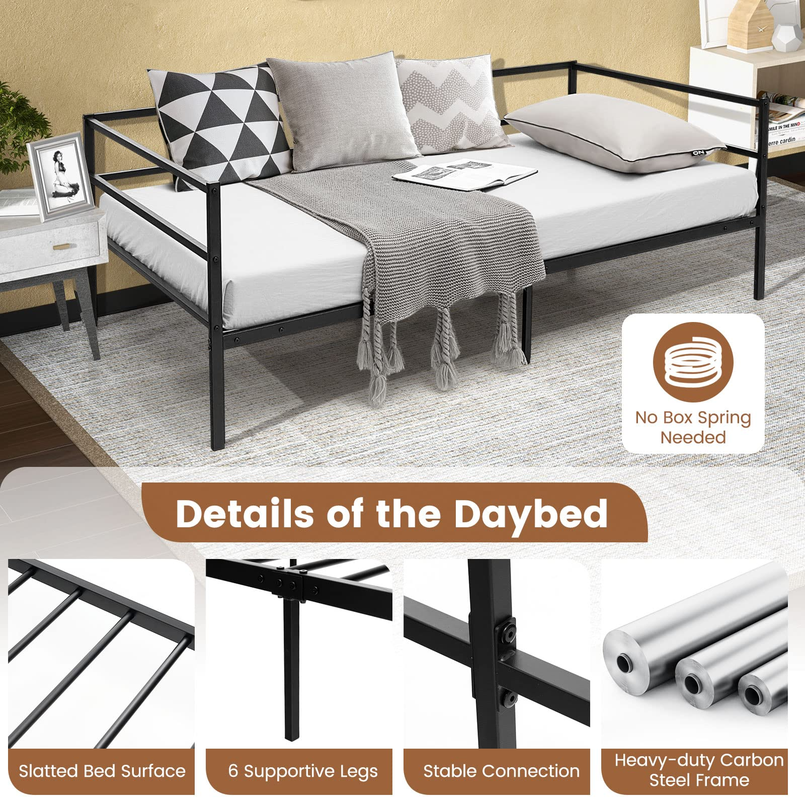 KOMFOTT Metal Daybed Frame Twin Size, Heavy-Duty Steel Slats Support Sofa Bed