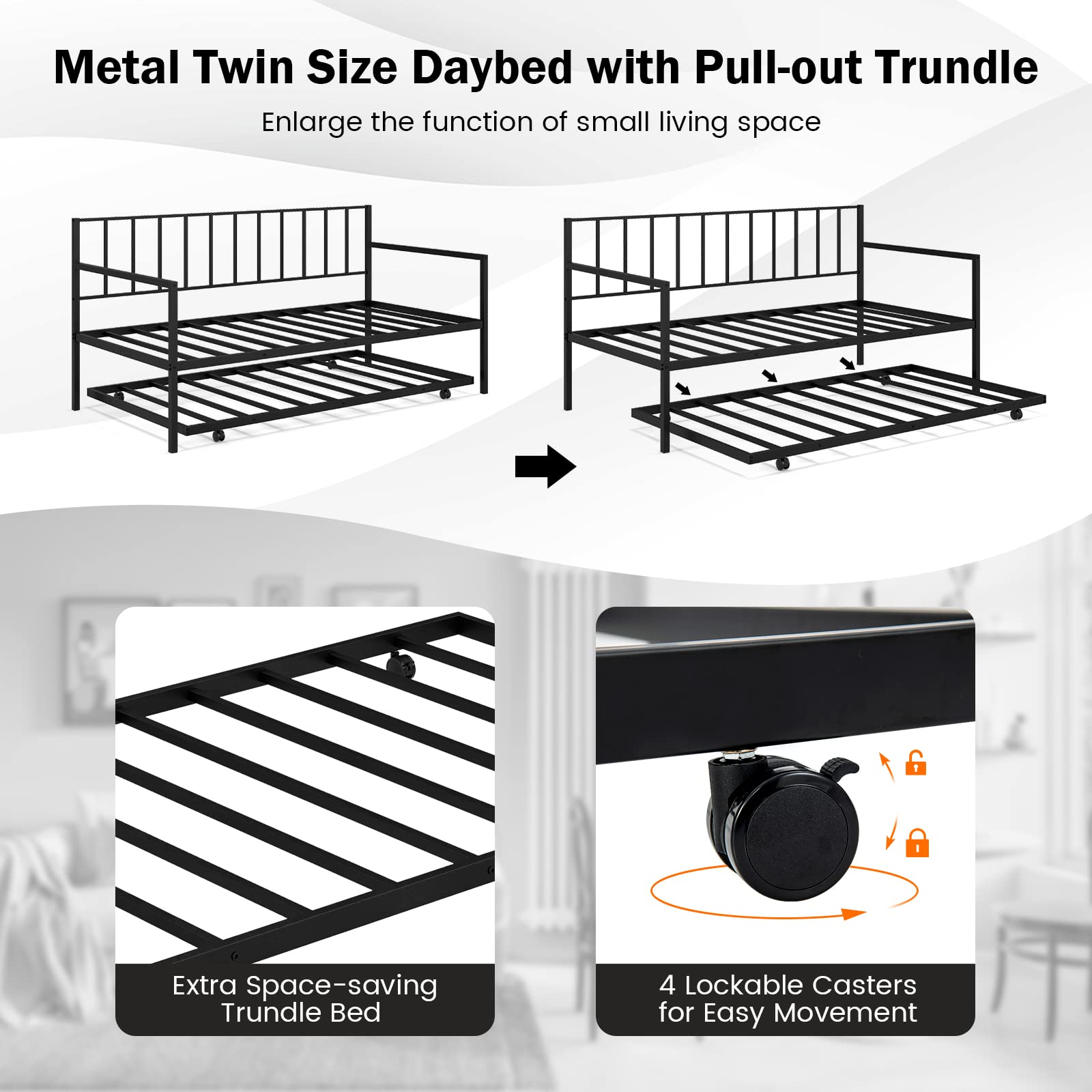 KOMFOTT Twin Metal Daybed with Trundle, Metal Slats Support Sofa Bed