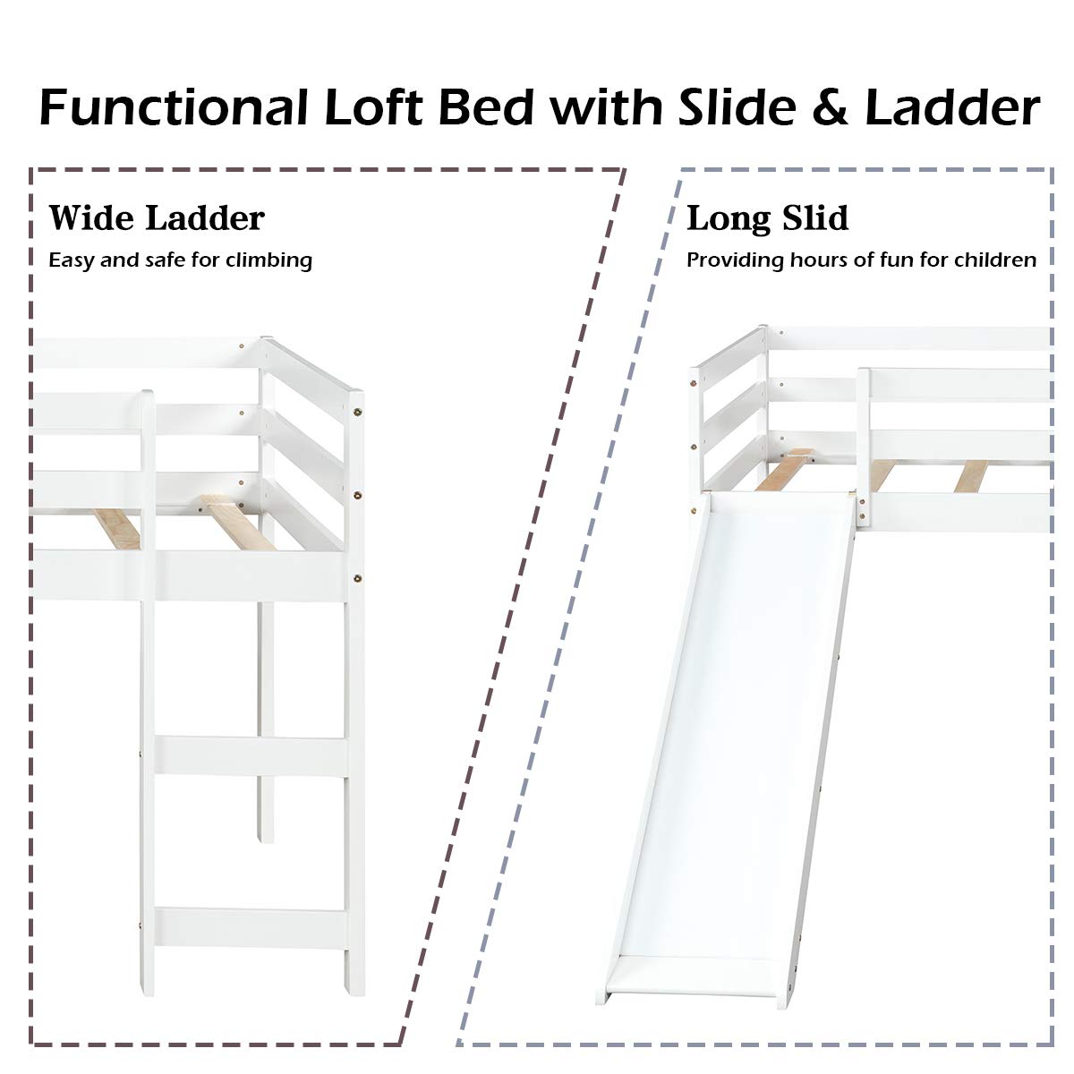 KOMFOTT Twin Size Wood Low Loft Bed with Slide, Ladder & Guard Rail