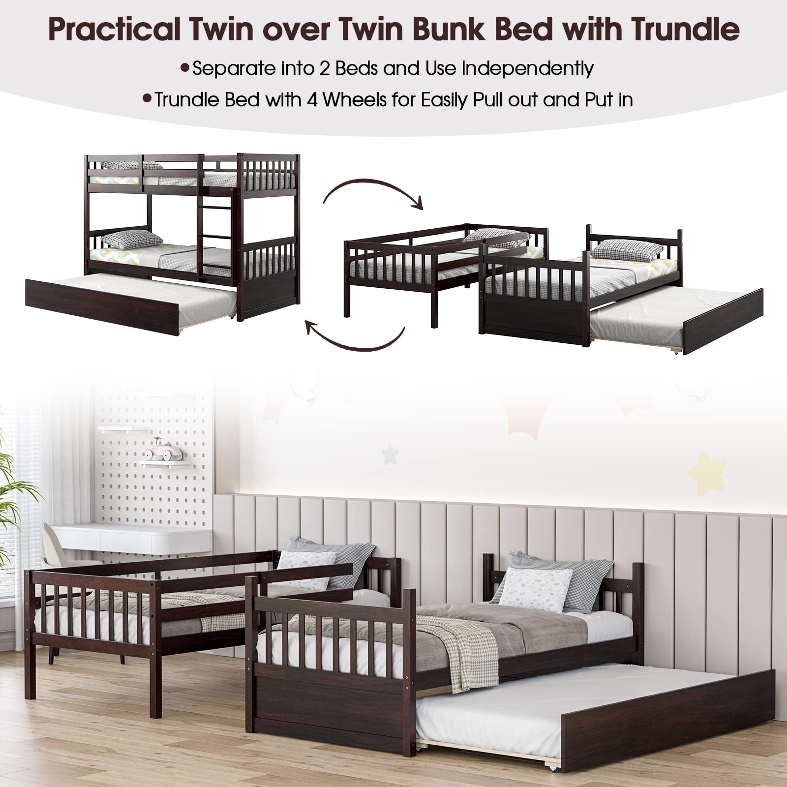 KOMFOTT Twin Over Twin Wood Bunk Bed with Trundle, Convertible Platform Bed Frame with Ladder & Solid Wood Frame