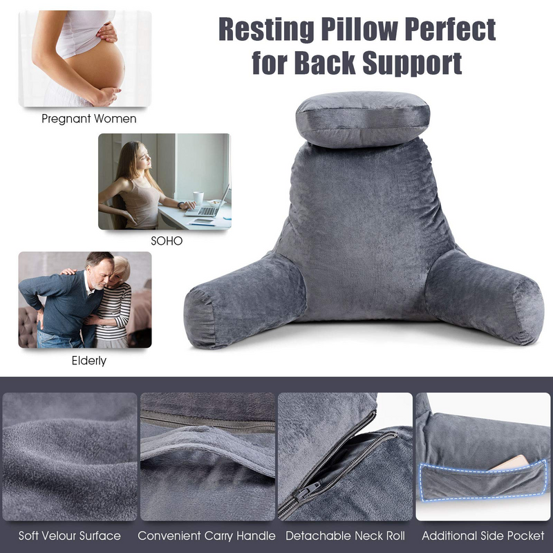 KOMFOTT Reading Pillow Bed Rest Back Support Wedge Pillow for Sitting in  Bed Memory Foam Backrest Lounge Cushion with Armrests and Pockets  w/Removable