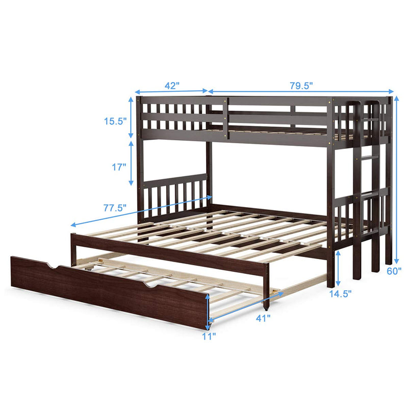 KOMFOTT Twin Over Pull-Out Bunk Bed with Trundle,  Solid Wood Bunk Bed with Ladder and Safety Rail