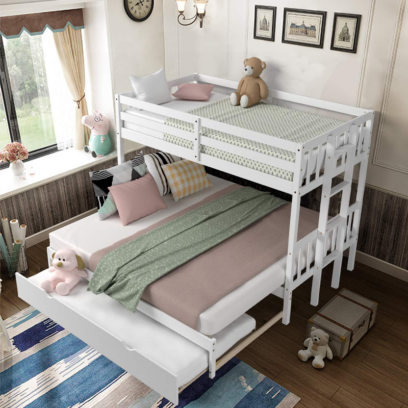 KOMFOTT Twin Over Pull-Out Bunk Bed with Trundle,  Solid Wood Bunk Bed with Ladder and Safety Rail