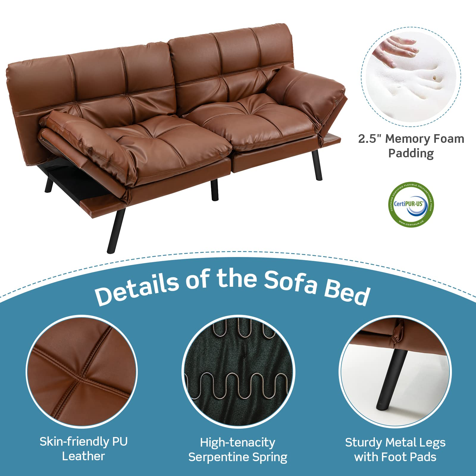 KOMFOTT Futon Sofa Bed, Faux Leather Memory Foam Convertible Futon Couch with Adjustable Backrest & Armrests