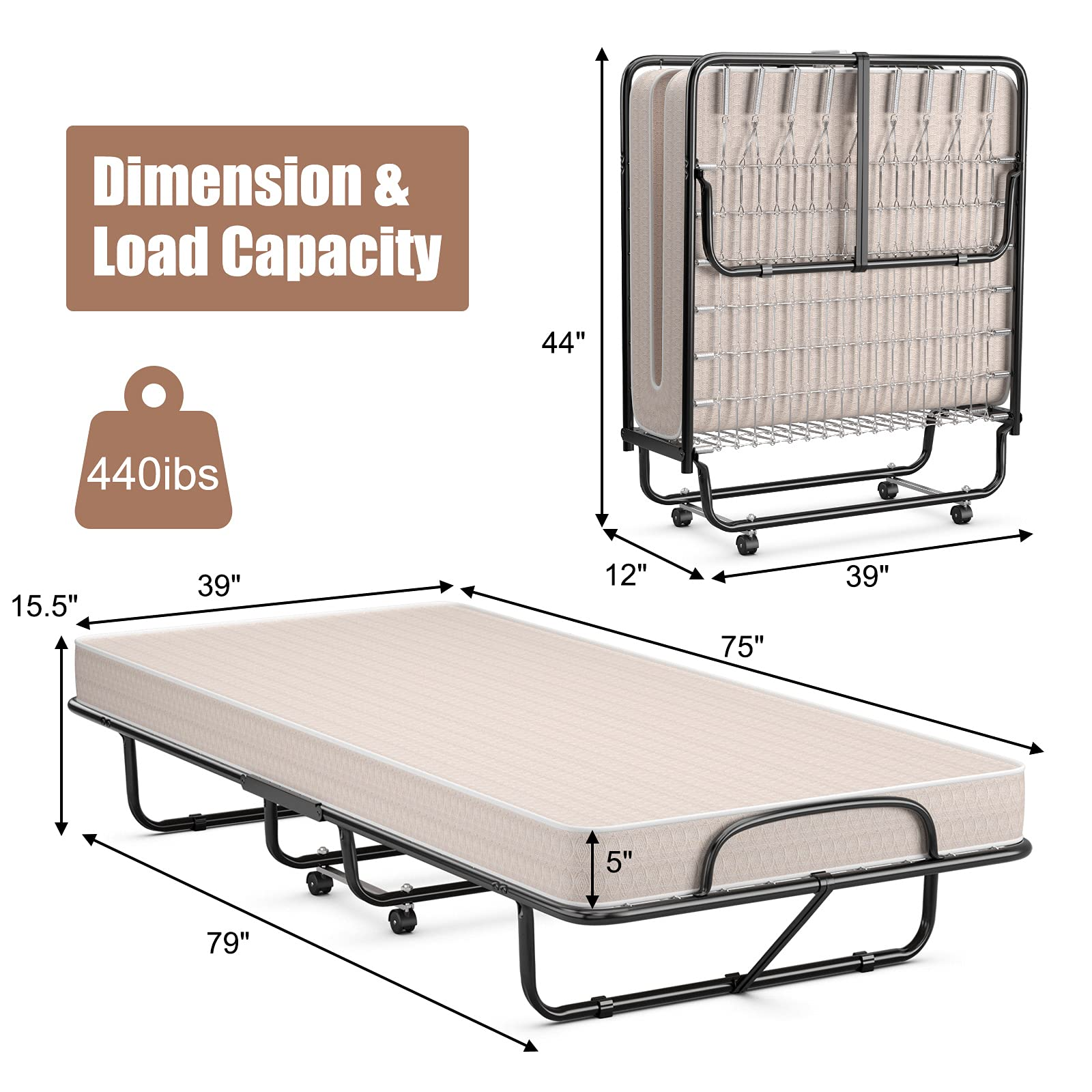 KOMFOTT Folding Guest Bed with Mattress,  Twin Size  Portable Rollaway Bed 5-Inch Memory Foam Mattress