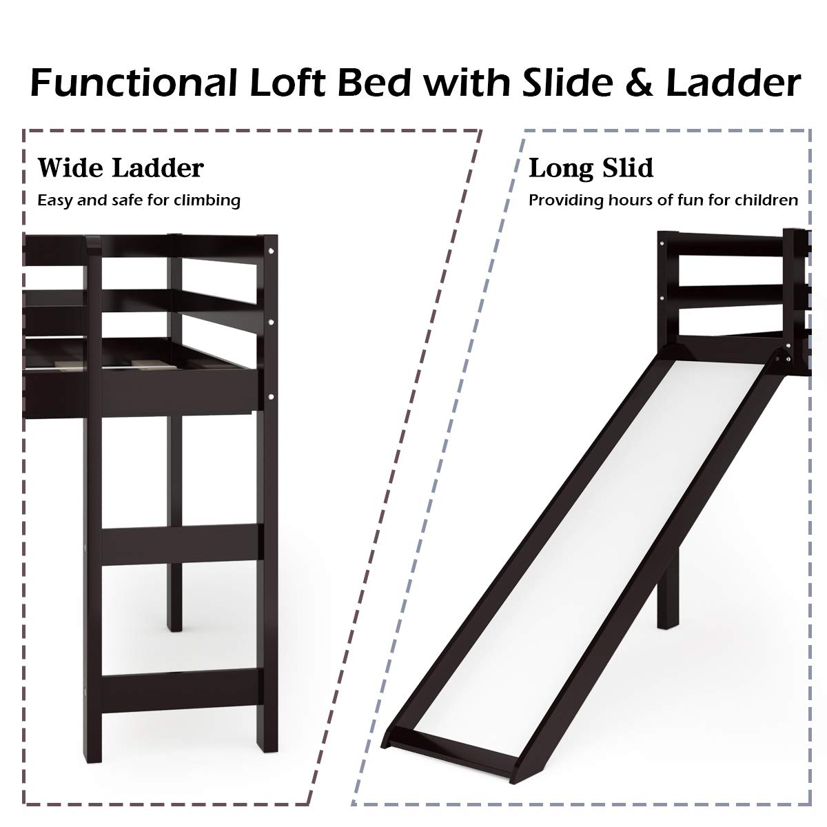 KOMFOTT Twin Size Wood Low Loft Bed with Slide, Ladder & Guard Rail