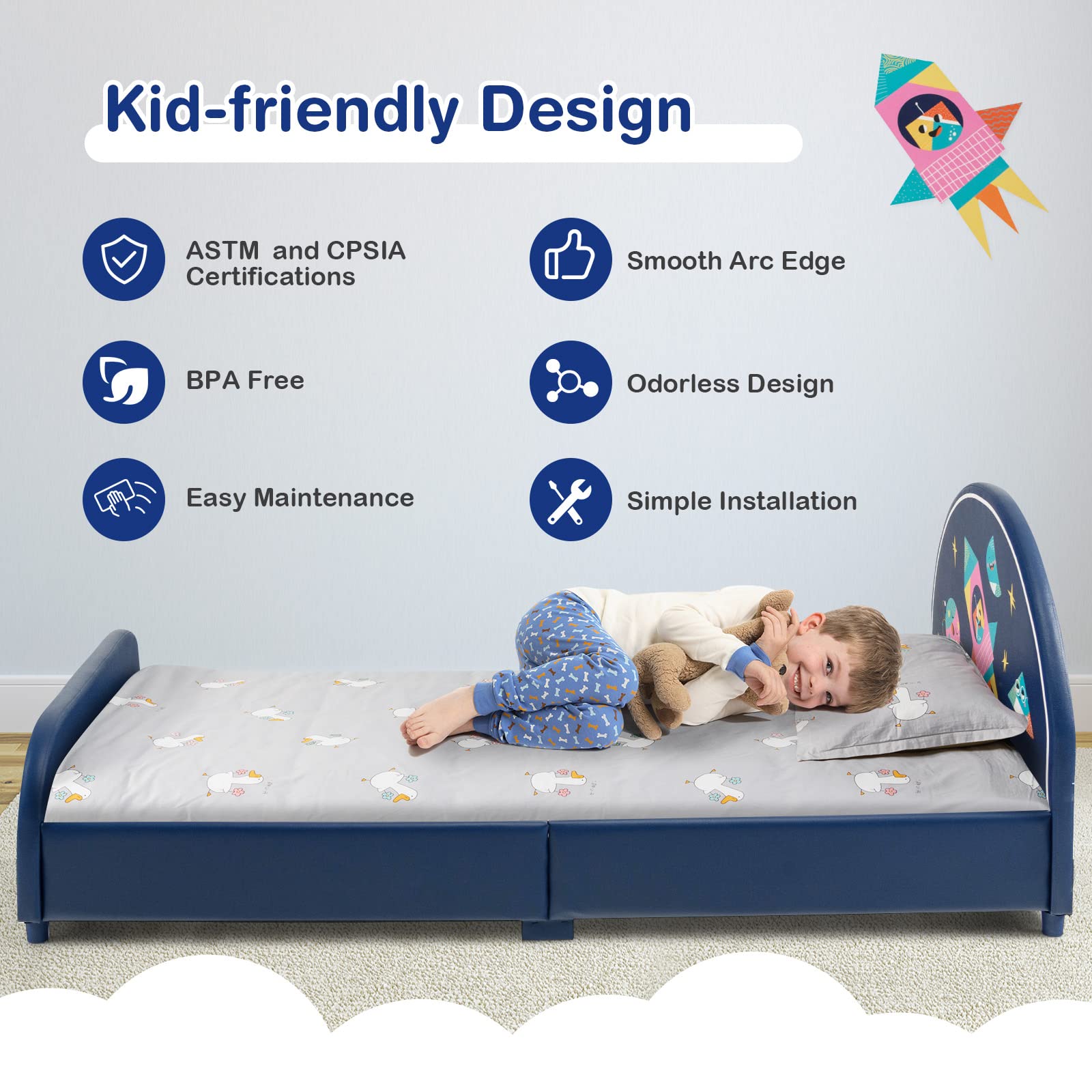 KOMFOTT Twin Bed Frames for Kids, Wood Upholstered Twin Bed Platform with Slat Support, Padded Headboard & Footboard