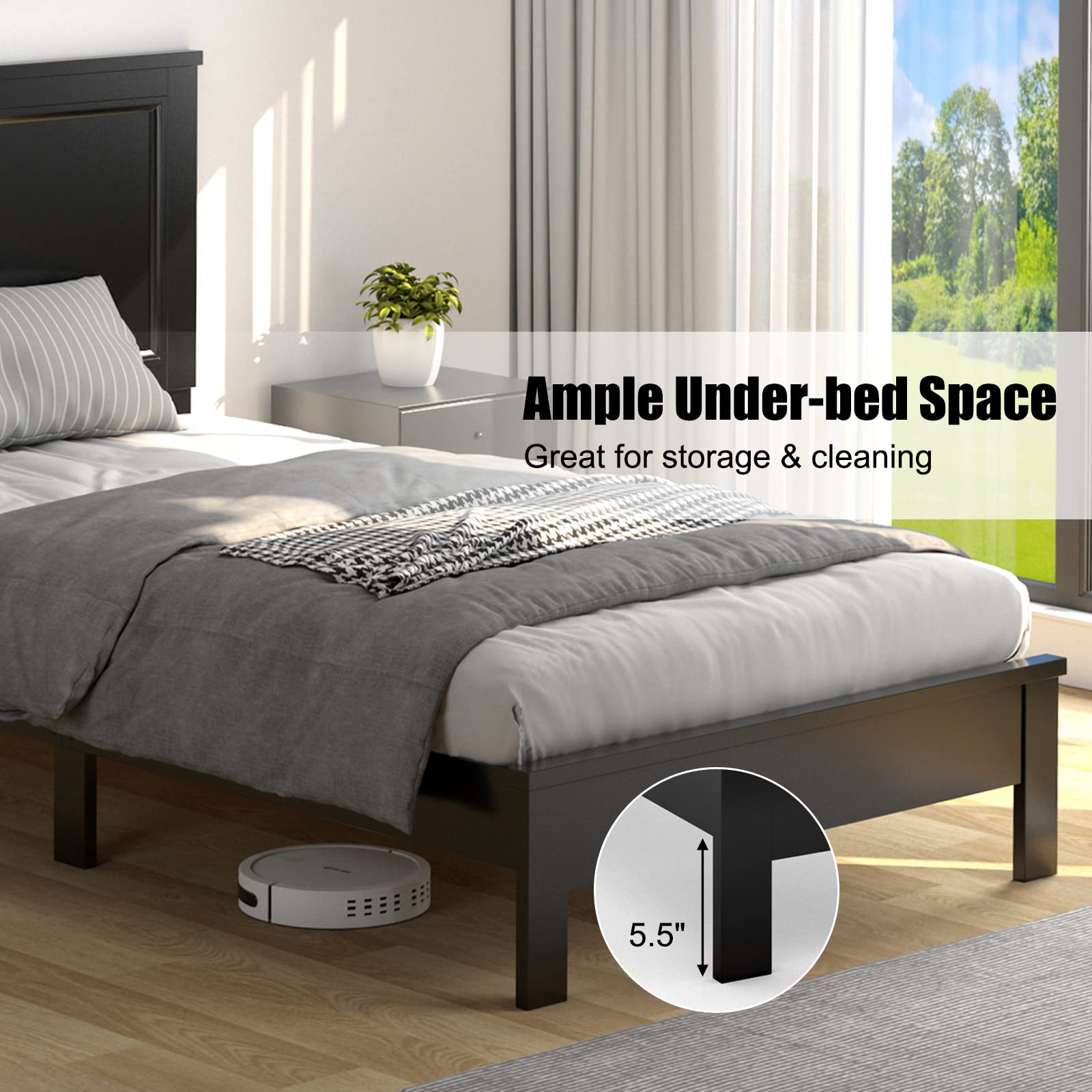 KOMFOTT Wood Platform Bed Frame with Headboard, Wooden Slat Support & Under Bed Storage