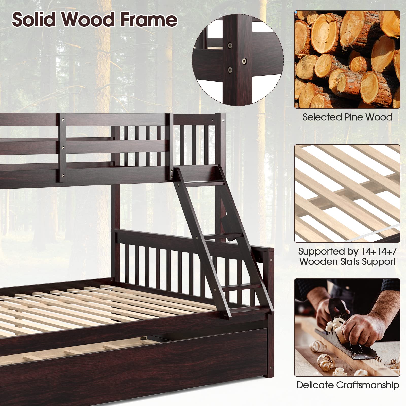 KOMFOTT Wood Twin Over Full Bunk Bed Frame with Solid Pine Wood Frame