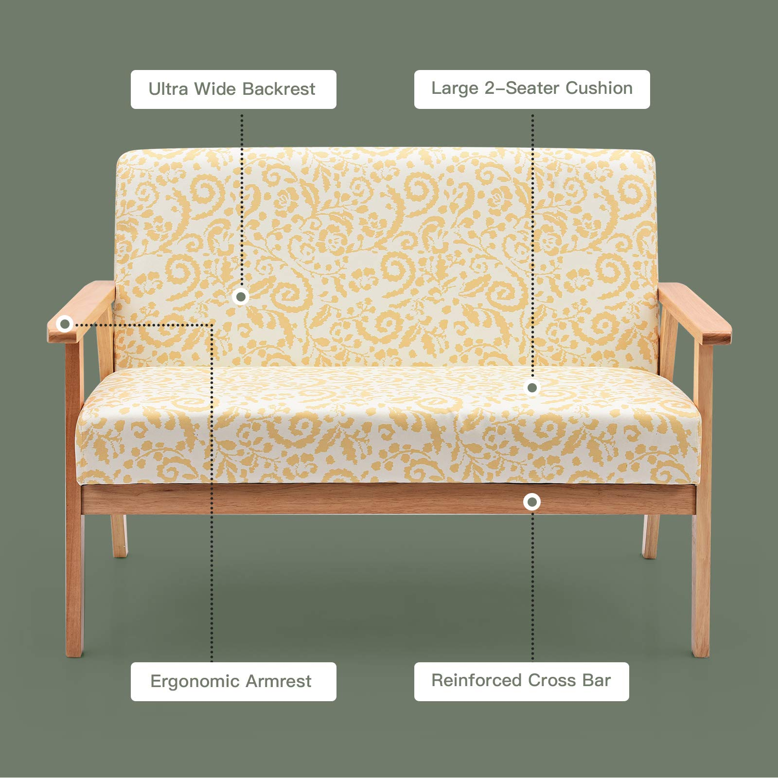 KOMFOTT 2-Seat Mid-Century Upholstered Wooden Loveseat w/Rubber Wood