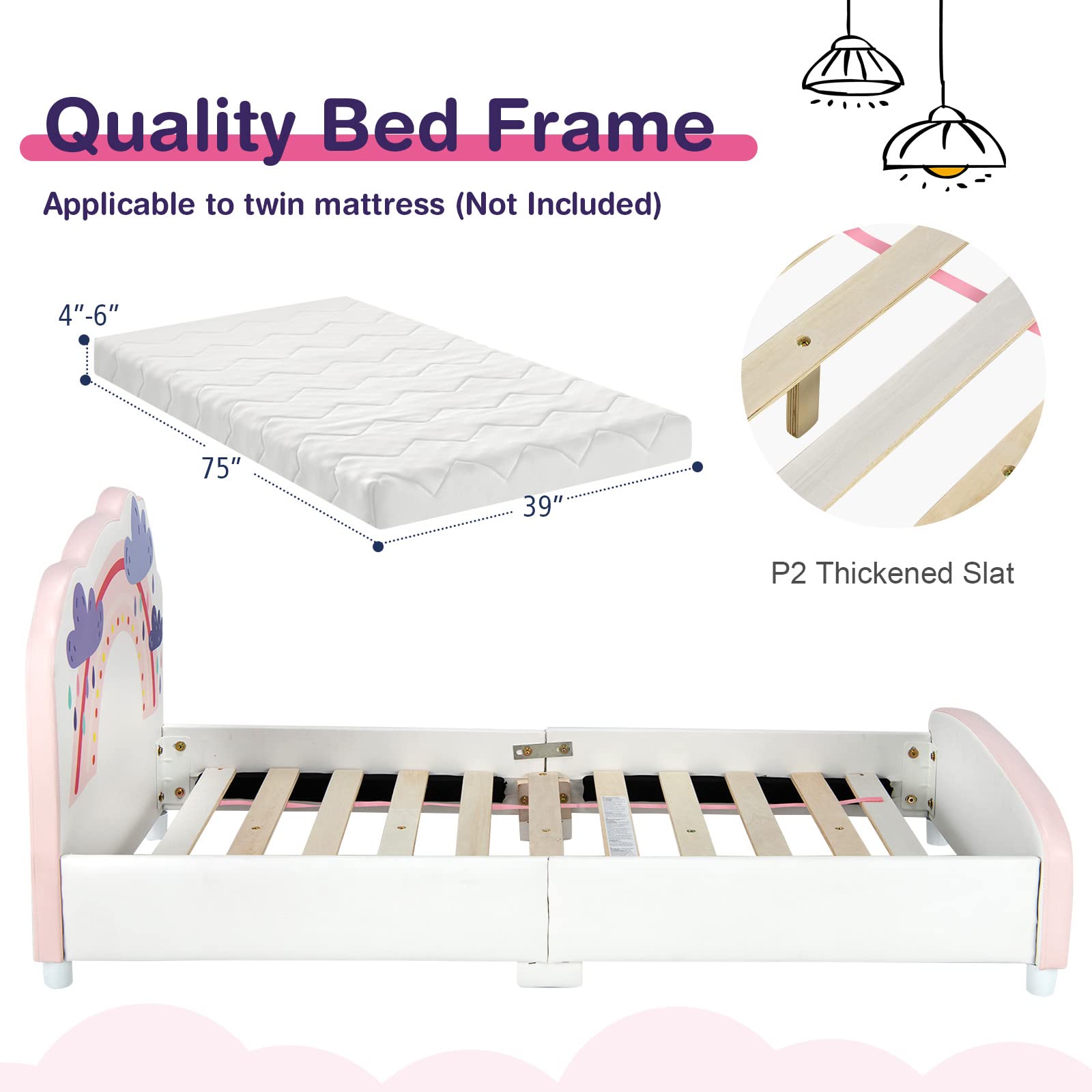 KOMFOTT Kids Bed, Toddler Upholstered Platform Floor Bed w/Headboard & Wooden Slat Base