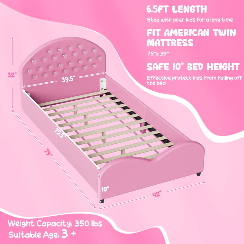 KOMFOTT Kids Twin Bed Frame with Headboard, Toddler Upholstered Platform Bed with Slatted Bed Base