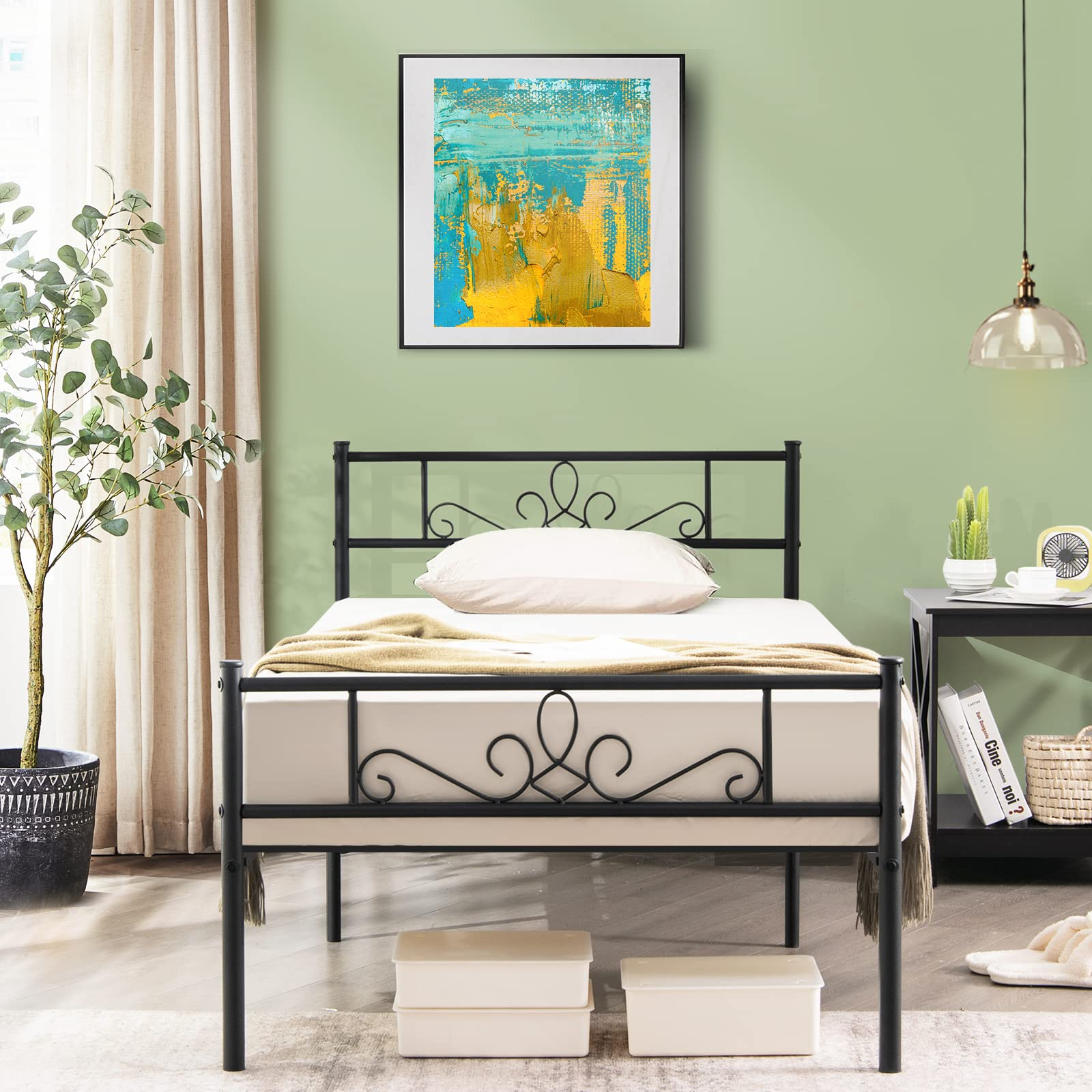 Metal Bed Frame, Modern Platform Bed w/ Decorative Headboard & Footboard