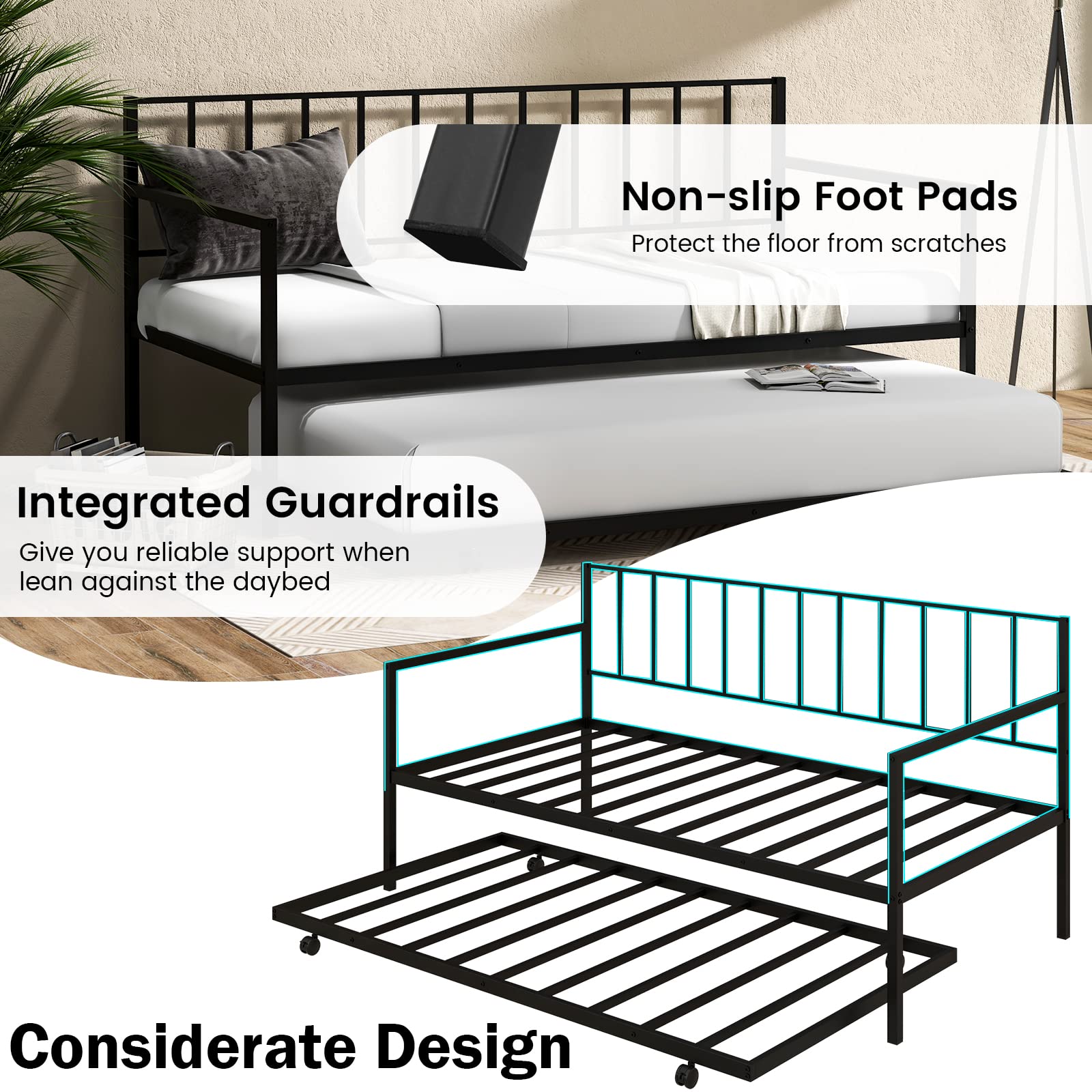 KOMFOTT Twin Metal Daybed with Trundle, Metal Slats Support Sofa Bed